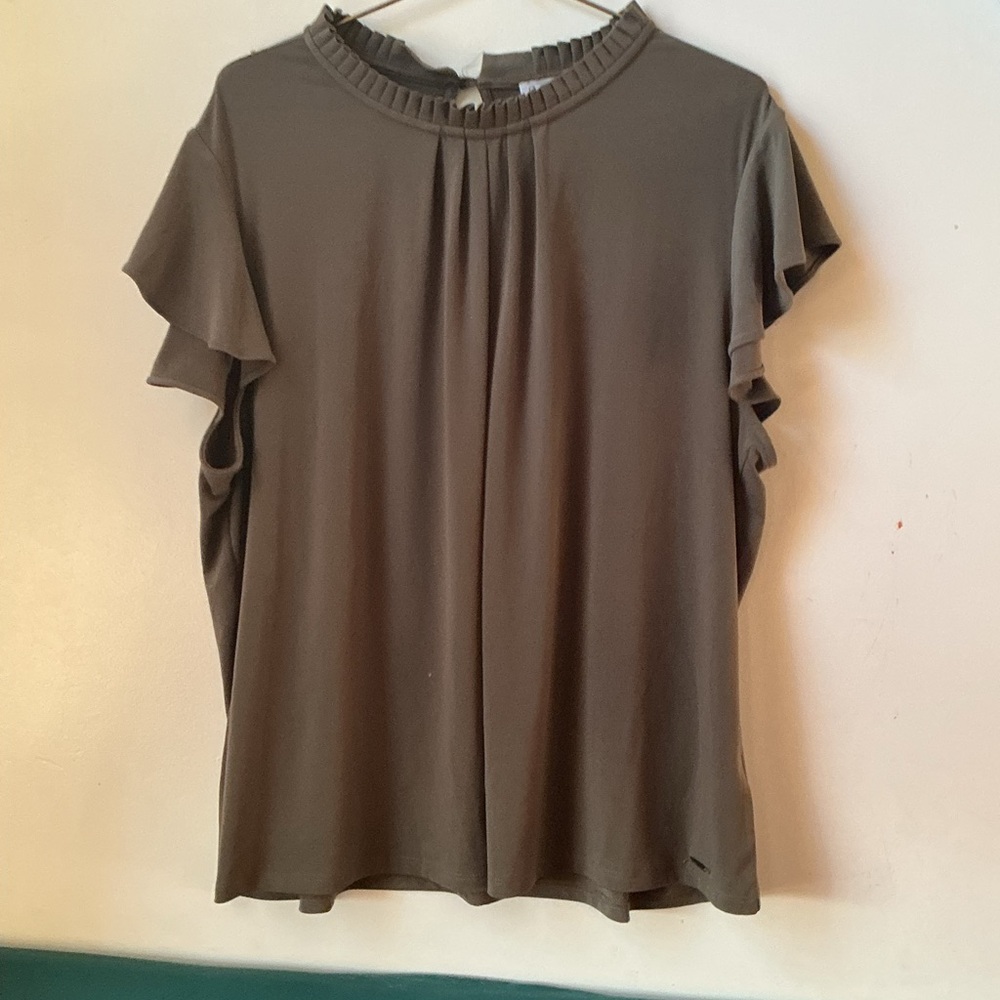 Calvin Klein Olive Green Ruffle Sleeve Blouse - image 1